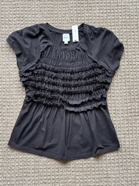 Anthropologie Maeve Black Short-Sleeve Ruffle Front Tee